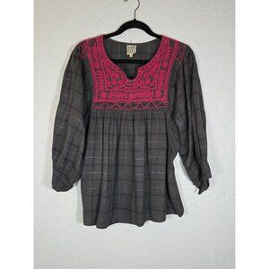 Sister Mary Gray Pink Plaid Patsy Ray Embroidered 3/4 Sleeve Blouse Medium